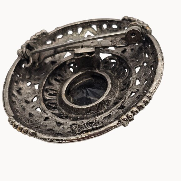 VTG Brooch Tacoa Signed Cabochon Black Rhinestone SilverTone Filigree Whimsygoth - Picture 10 of 12